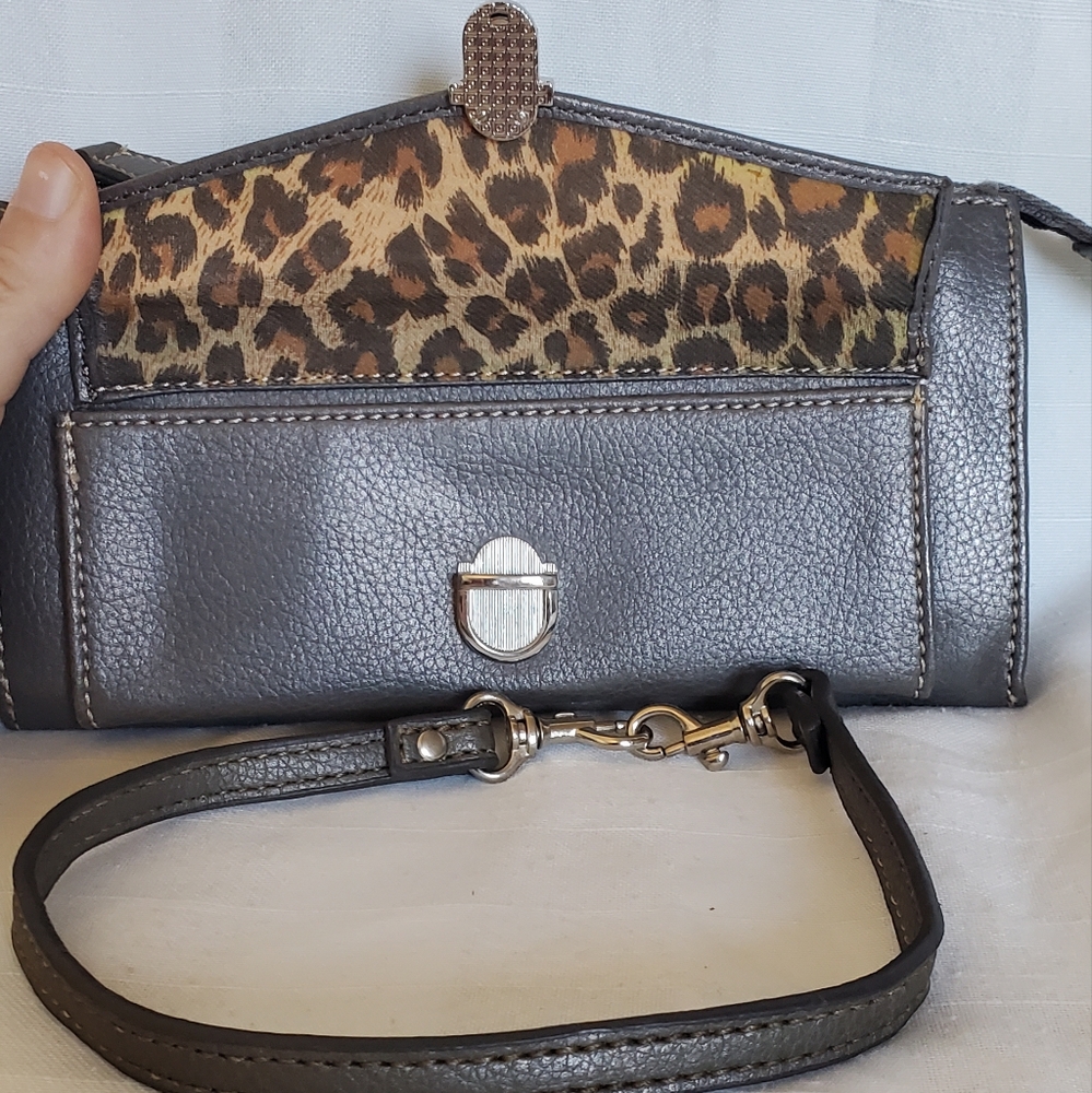 Metallic Grey Tommy Hilfiger Wristlet Clutch Wallet with Leopard Print Lining